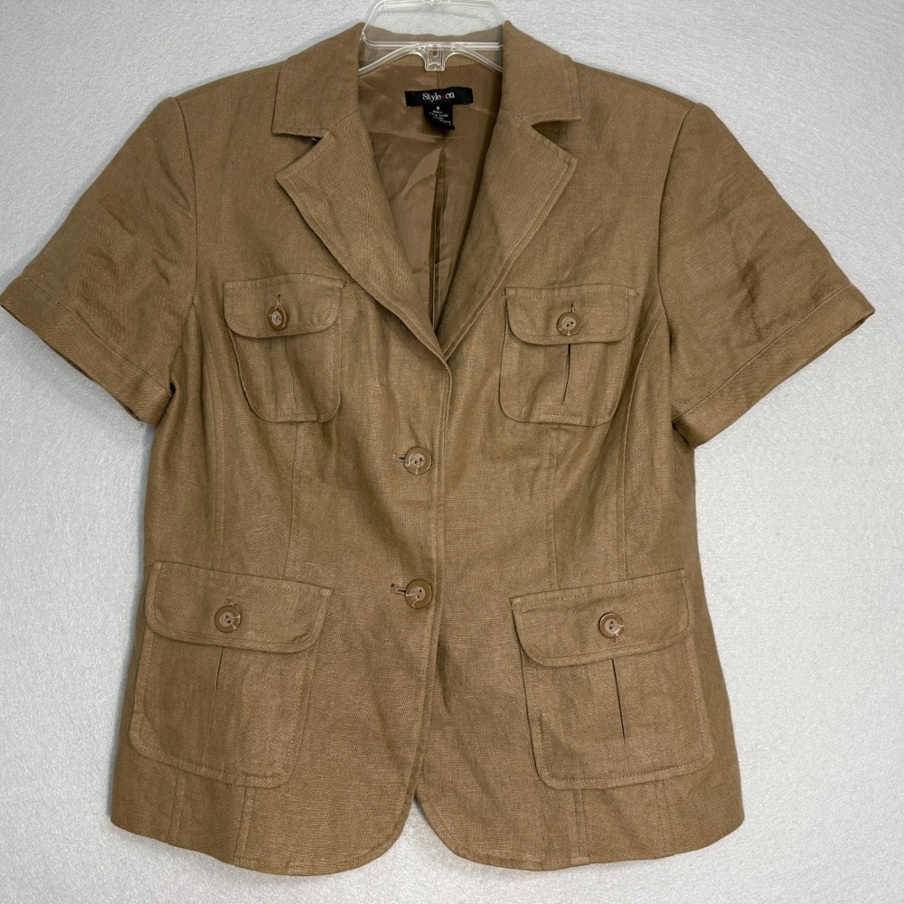 Style & Co Safari Utility Blazer Womens Size 8 Tan Linen Short Sleeve Y2K Jacket